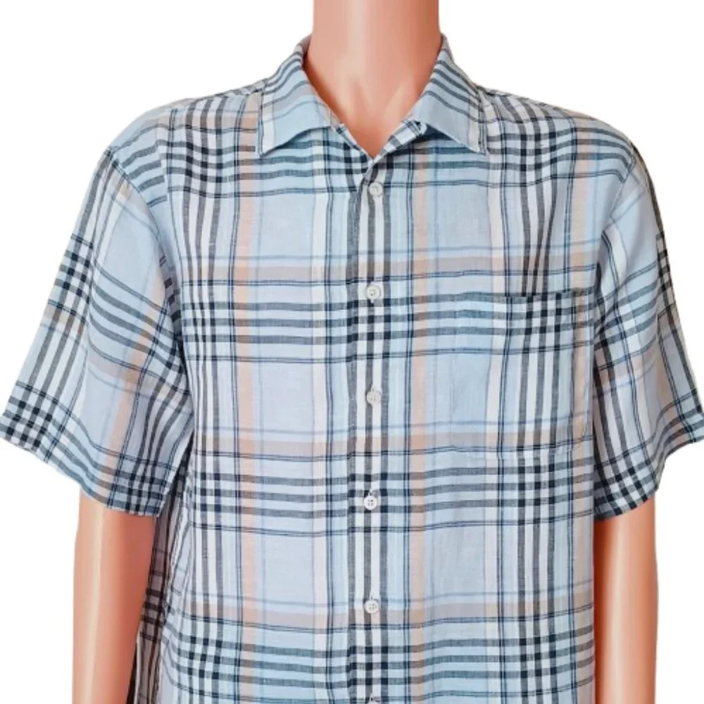 Daniel Cremieux Plaid Linen Shirt M Blue Short Sleeve Button Down Front Pocket
